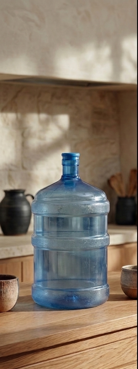 Before — blue plastic water jug